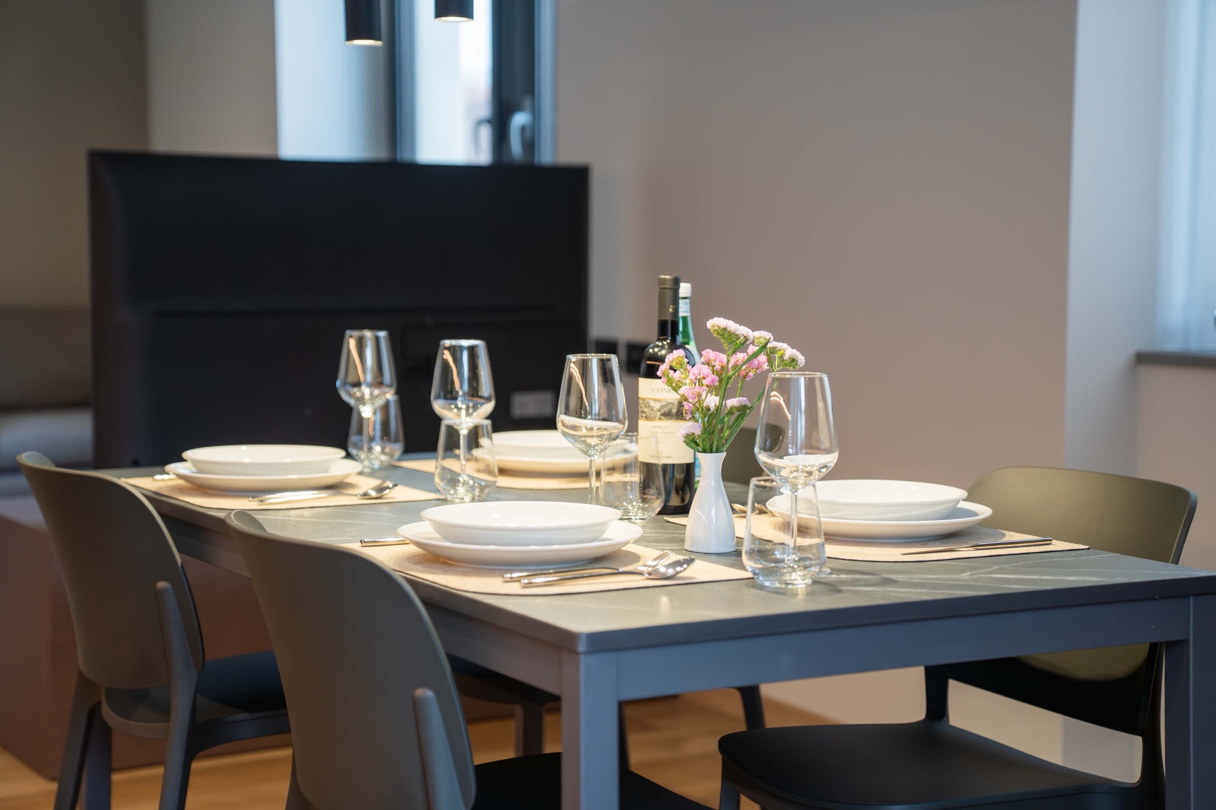 The dinner table set at Wisteria